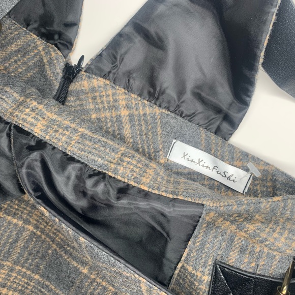 Plaid Brown Grey Grunge Skirt Overall Dress Belt Buckle Overalls - Picture 8 of 11